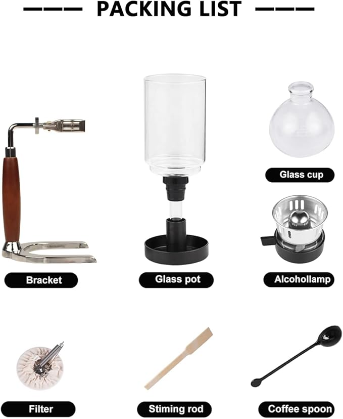Glass Siphon Coffee Maker Automatic Vacuum Coffee Brewer 3-Cup (360ml) with Alcohol Burner Adjustable Buffer Clamp Stainless Steel Bracket Base for Coffee Aficionados