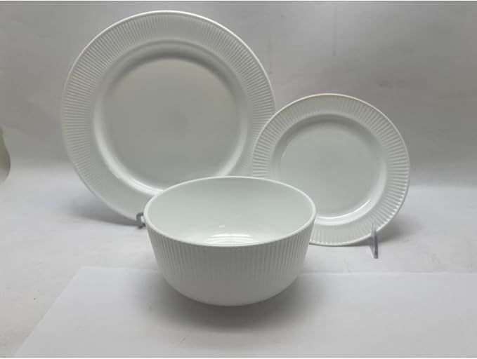 12-Piece Break-Resistant White Opal Glass Dinnerware Set – Modern Dinnerware with Embossed Stripe Design Microwave &amp Dishwasher Safe