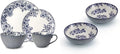 Pfaltzgraff Gabriela Blue 16-Piece Dinnerware Set Service for 4 and Pfaltzgraff Gabriela Blue Floral Set of 2 Pasta Bowls 8 Inch Teal and White