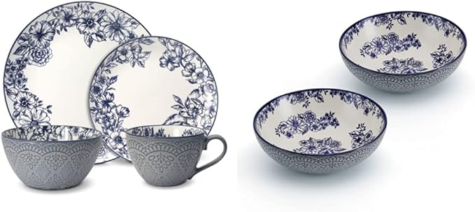 Pfaltzgraff Gabriela Blue 16-Piece Dinnerware Set Service for 4 and Pfaltzgraff Gabriela Blue Floral Set of 2 Pasta Bowls 8 Inch Teal and White