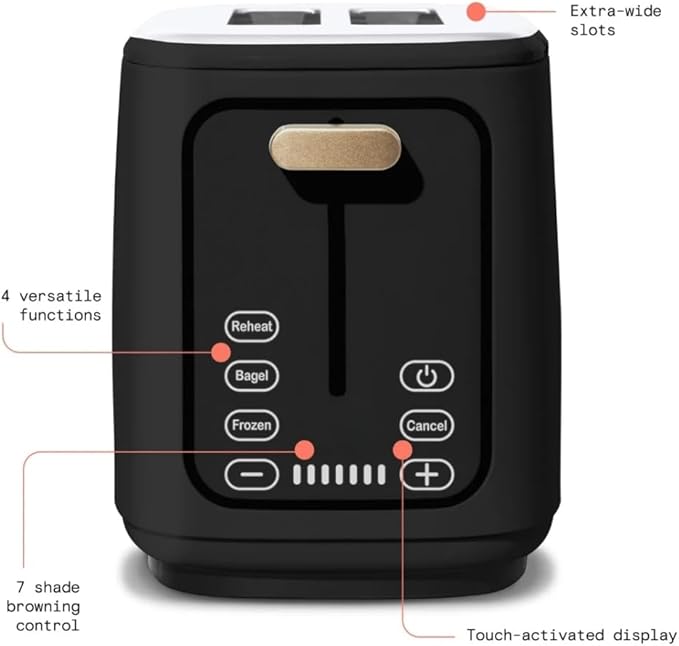 Premium 2 Smart 2-Slice Toaster with Touch-Activated Display Stainless Steel Digital Toaster with 1.5 Extra Wide Slots 7 Shade Settings Countdown Timer Bagel &amp Frozen Presets (Black)