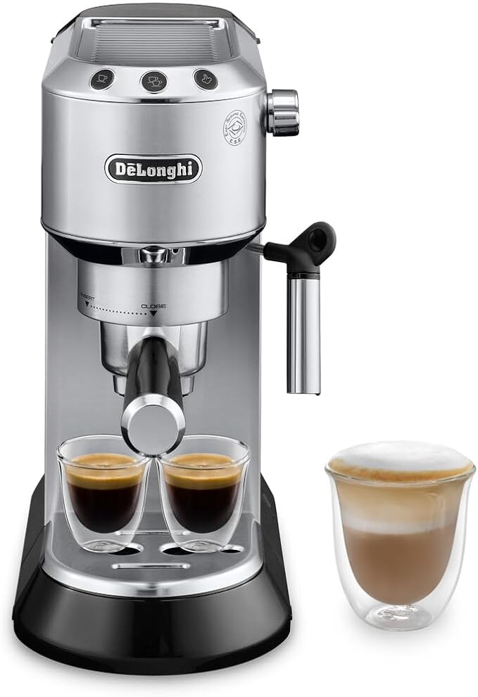 De’Longhi Dedica Espresso Machine with Manual Milk Frother 15-Bar Pump &amp Adjustable Tray - Home Barista Coffee Maker for Espresso Latte Cappuccino &amp Iced Coffee - Italian Stainless Steel De