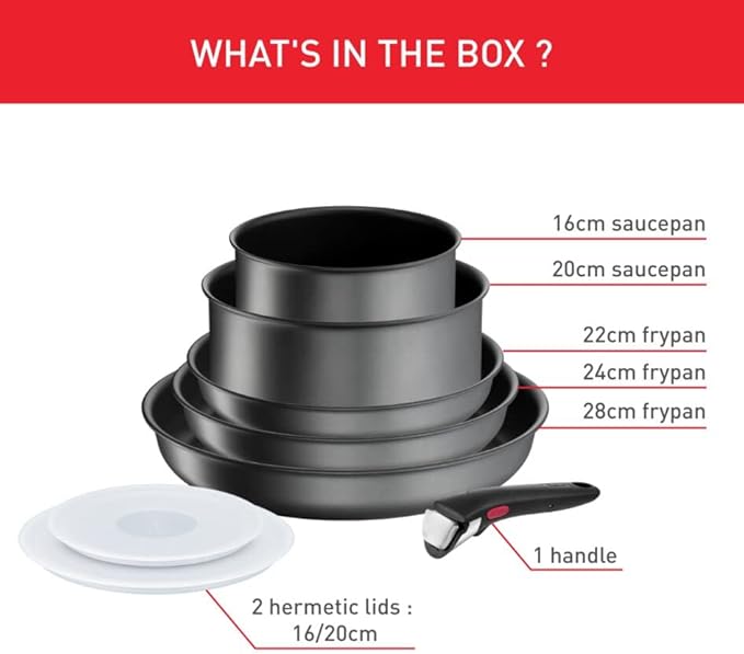 Tefal Ingenio Daily Chef ON 8 piece Non-Stick Induction Pan Set 22&amp24&amp28cm Frypans 16&amp20cm Saucepans 16&amp20cm Hermetic Lids Bakelite Removable Handle Grey L7619202