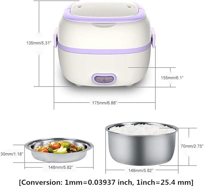 Multifunctional Electric Lunch Box Mini Rice Cooker Portable Food Heater Steamer with Stainless Steel Bowls Egg Steaming Rack Spoon Measuring Cup for Use in Office Outdoor School