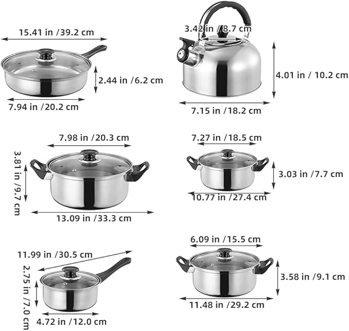12pcs Stainless Steel Cookware Set with Milk Pan Saucepan Frying Kettle Kitchen Pots and Pans for Induction Gas Electric Stoves