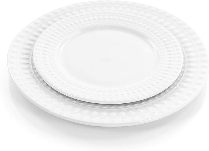 16-Piece Porcelain and Stoneware Dinnerware Set – White or Blue Round Plates and Bowls with Embossed Pattern Microwave &amp Dishwasher Safe Tableware for 4 (White)