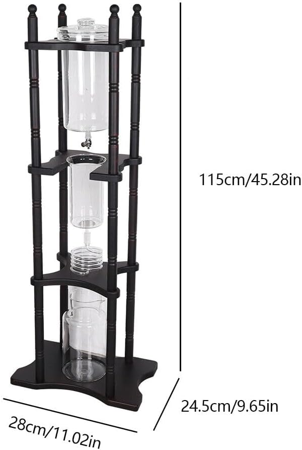 Ice Drip Coffee Maker 2500ml Cold Brew Coffee Tower Slow Drip Japanese Cold Brew Maker Drip Ice Coffee Tower Glass Dutch Coffee Dripper with Wood Straight Frame (Black)
