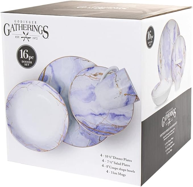 Godinger Dinnerware Set &amp Tableware Set with Dinner Plates Salad Plates Soup Bowls 4 Coffee Mugs - 16 Piece Set Devon Collection