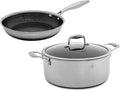 Hell's Kitchen Hybrid 3 Piece Essential Set 9.5-inch Frying Pan 5 Qt Pot and Tempered Glass Lid Tri-Clad Stainless Steel and PFAS-Free Ceramic Nonstick Metal Utensil Safe All Cooktops Oven Safe