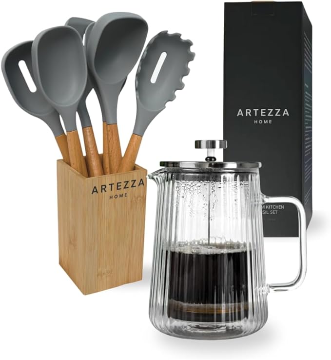 French Press Coffee Maker 650ml/22oz &amp 7-Piece Grey Silicone Utensil Set with Bamboo Holder – An Exquisite Culinary Ensemble for Coffee Enthusiasts and Culinary Artisans