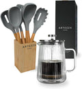 French Press Coffee Maker 650ml/22oz &amp 7-Piece Grey Silicone Utensil Set with Bamboo Holder – An Exquisite Culinary Ensemble for Coffee Enthusiasts and Culinary Artisans