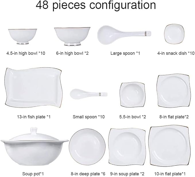 Dinnerware Set Dinner Party Tableware Service Set Ceramics Dinnerware Set with 48-Piece Bowl/Dish/Soup Pot/Spoon|Bone China Dinner Sets Gold Pattern Porcelain Combination Se