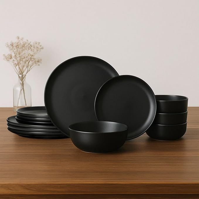 12-Piece Stoneware Dinnerware Set Black Matte Glaze Service for 4 Includes 10 Dinner Plates 7.5 Salad Plates 5.9 Cereal Bowls Microwave and Dishwasher Safe
