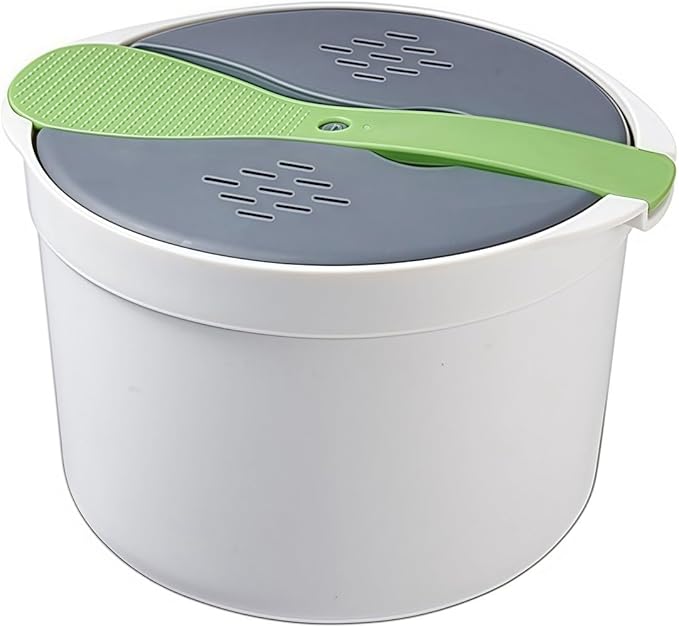 Microwave Rice Cooker Steamer Pot with Strainer Portable PP Material Kitchen Appliance for Rice Vegetables Pasta Soups Easy Dishwasher Cleaning Compact Design for Travel Use(Green)