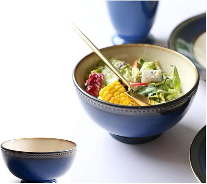 4 Pieces Vintage Blue Porcelain Dinner Set Ceramic Plate Bowl Cup Service for 1 Person