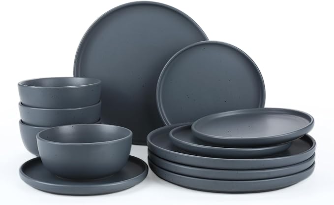 Famiware Dawn Plates and Bowls Sets 12 Pieces Stoneware Dinnerware Sets Dishes Set for 4 Microwave and Dishwasher Safe Speckled Charcoal