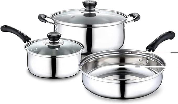 3pcs Stainless Steel Cookware Set Soup Pot Milk Pan with Glass Lid Frying Pan Kitchen Cooking Tool