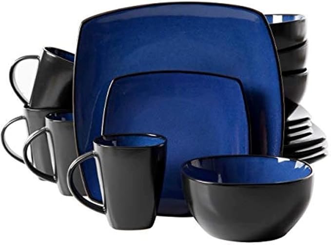 16 Piece Square Two-Tone Stoneware Dinnerware Set For 4 | Reactive Glaze FinishDishwasher &amp Microwave Safe Expertly Crafted | Perfect for Kitchen Dining Sapphire Blue/Black Shade Modern Appearan