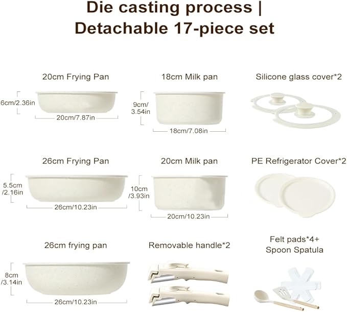 17pcs Pots and Pans Set - Non Stick Cookware Set Detachable Handle Stackable Cookware Set Ceramic Pots and Pans Kit with Cooking Utensils Oven Dishwasher Safe