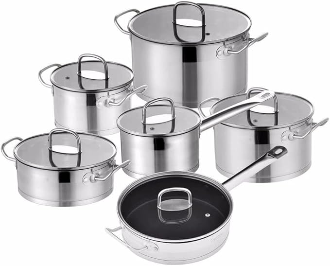 12-Piece Stainless Steel Cookware Set Nonstick Pots and Pans with Tempered Glass Lids Induction-Compatible Frying Pan Saucepans Casseroles