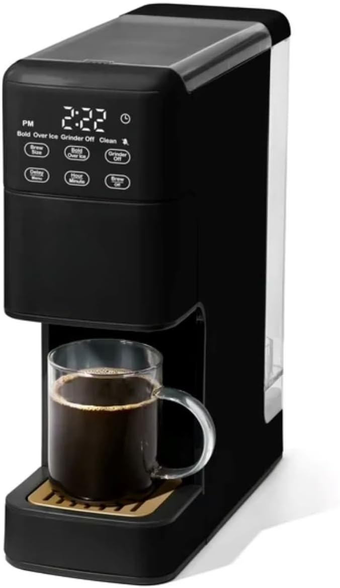 Perfect Grind Single Serve Coffee Maker built-in grinder 6 sizes 3 strengths pod-free reusable filter 64oz reservoir touch display hot &amp iced brew. (Black Sesame)