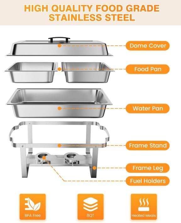 Portable Chafing Dish Buffet Set – 8QT Rectangular Stainless Steel Food Warmers with Lid &amp Holder – for Kitchen Catering Parties Banquets – 2-Pack Two-piece Set