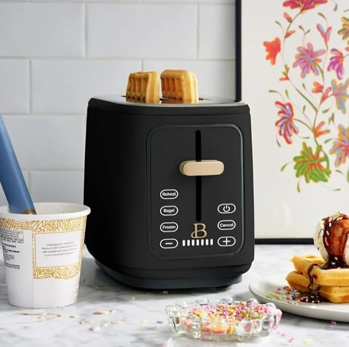 Beauti 2 Slices Toaster with Touch Activated Display 900 W Bagel/Frozen/Reheat Presets Wide Slots Easy Cleaning (Black)