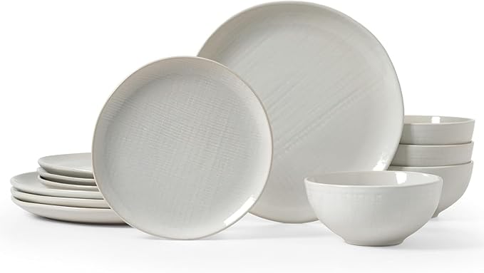 Plates and Bowls Sets 12 Pieces Modern Porcelain Dinnerware Set for 4 White Kitchen Dinner Dining Ware Set
