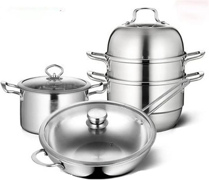 Cookware Set Stainless Steel Household Frying Pan Soup Pot Set Steamer Frying Pan Glass Lid Kitchen Utensils