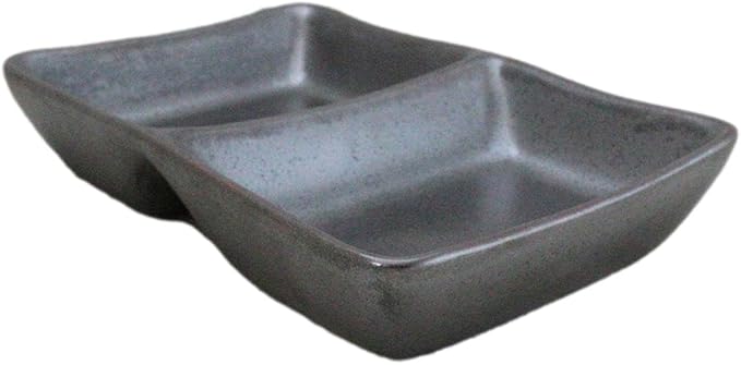 Ebros Gift Iron Black Clay Underglaze Technique Tetsu Kesho Porcelain Dinnerware Kitchen Set Asian Japanese Restaurant Supply (Pack Of 6 Dual Compartment Rectangle Sauce Dishes)