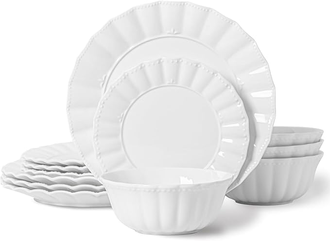 HOMBENE Plates and Bowls Sets 12 Piece Dinnerware Sets Bone China Porcelain Dinner Set with Cereal Bowls Ceramic Soup Bowls for Pasta Salad Gift Idea Wavy Pattern