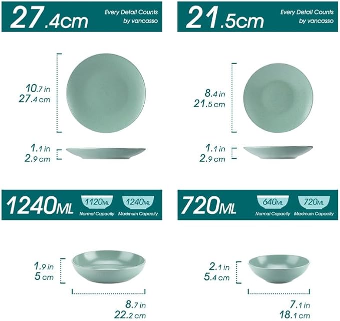 16 Piece Embossed Stoneware Tableware Set with Dinner Dessert Soup Plate Bowl Service for 4person
