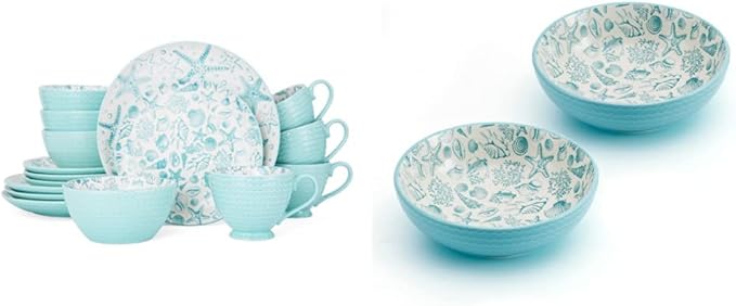 Pfaltzgraff Venice 16-Piece Stoneware Dinnerware Set Service for 4 Aqua/White - and Pfaltzgraff Venice Set of 2 Pasta Bowls 8 Inch Teal and White