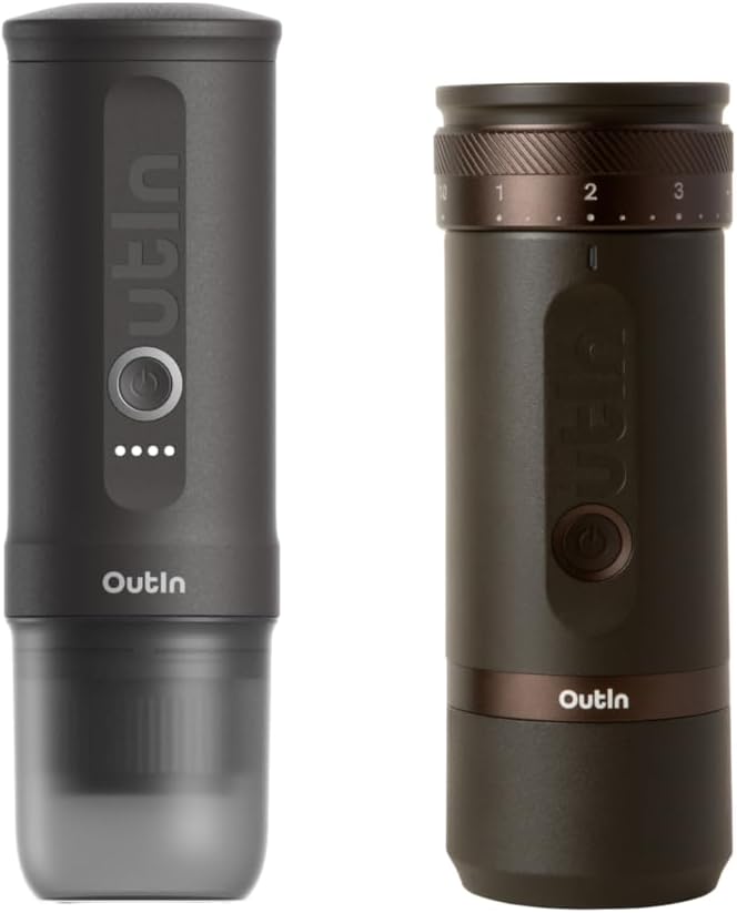 OutIn Nano Portable Electric Espresso Machine with Fino Portable Electric Coffee Grinder Brown &amp Grey