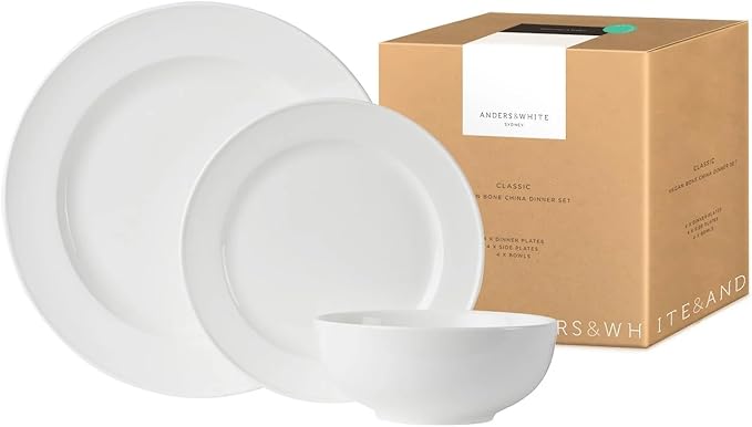 Anders and White 'Classica' - White Ethical Bone China Dinner Set. 12 Pieces Dinnerware Set. Contains 4X Dinner Plates Side Plates and Bowls. Vegan Friendly.