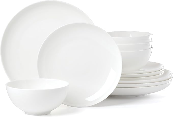 Lenox Dinnerware Set Studio 1414 Coupe 12-Piece Set Service For 4 Bone China Material Dishwasher &amp Microwave Safe Home And Kitchen Kitchen And Dining Plates And Bowls Sets (White 12 Pieces
