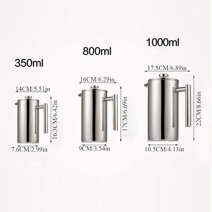French Press Coffee Maker 304 Stainless Steel Coffee Press Cold Brew Heat Resistant Thickened Borosilicate Coffee Pot for Camping Travel Gifts(1000ML)