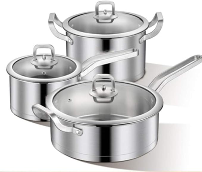 Stainless Steel Saucepan Set 3 Pieces Suitable for Inductionwith Tempered Glass CoverSoup PotFrying Pan Wok Pans Dishwasher-Safe