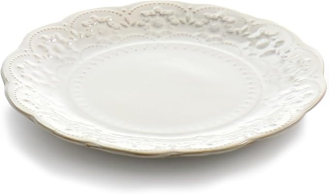 16 Piece Ivory Stoneware Dinnerware Set – Embossed Plates with Scalloped Edges and Double Bowl Design Microwave &amp Dishwasher Safe Elegant Tableware Set for 4