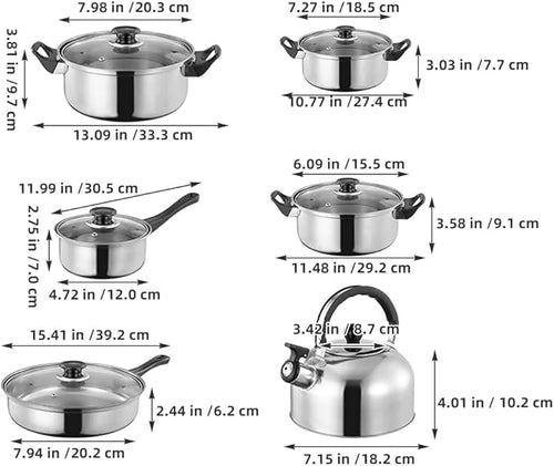 12pcs Stainless Steel Pots and Pans Set Nonstick Kitchen Induction Cookware Set Saucepan Frying Pan Kettle for Cooking Dishwasher Safe
