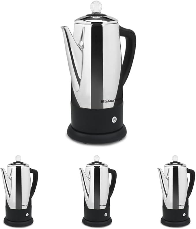 Elite Gourmet EC812 Electric 12-Cup Coffee Percolator with Keep WarmClear Brew Progress Knob Cool-Touch Handle Cord-less ServeStainless Steel(Pack of 4)