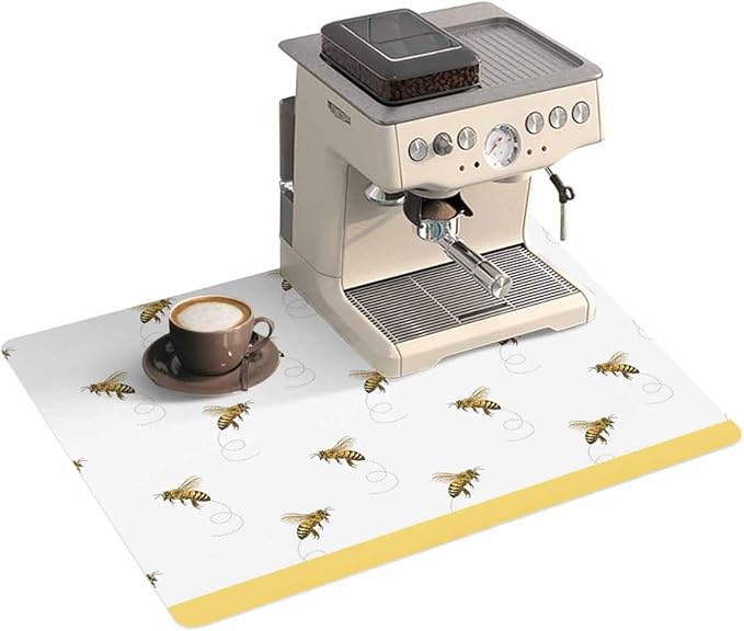 Coffee Mat for Counter Spring Bees Pattern Yellow Stripes Absorbent Hide Stain Coffee Bar Mat Non-slip Coffee Bar Accessories Kitchen Drying Mat Fit Under Coffee Maker Espresso Machine