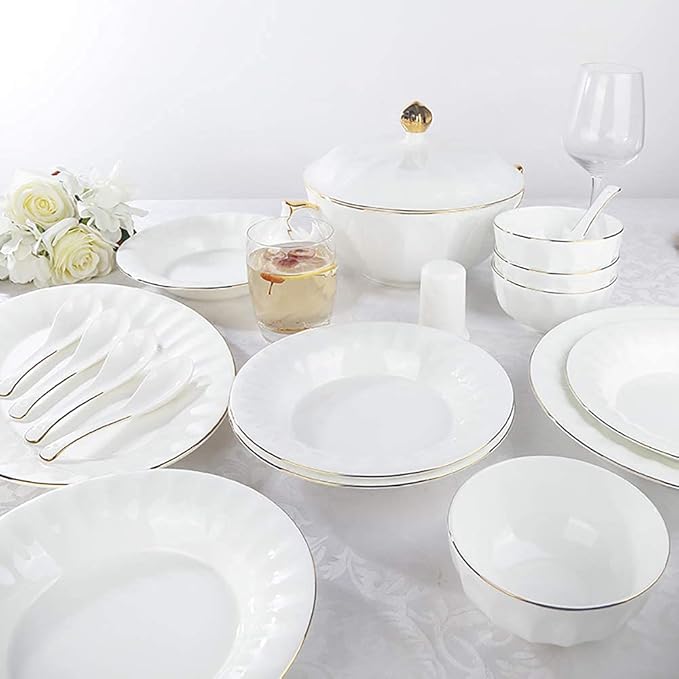 50 Pieces Dinnerware Set Porcelain Fine Bone China Home Kitchen Serving Dinner Set with White Round Cereal Bowls Plates Dishes Soup Pot with Gold Rim Service for 10