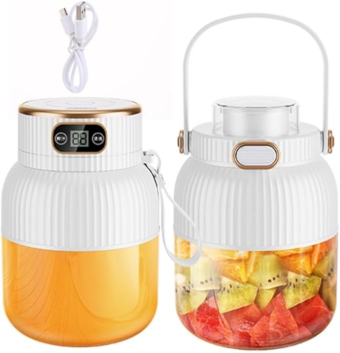 Portable BlenderJuicer Cup with Digital Display600ML Capacity Juices Making CupUSB RechargeablePersonal Size Blender for Shakes and Smoothiesfor Travel&ampGym (White(two cups and two lids))