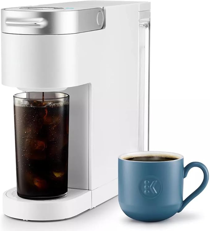 K-Iced Plus Single-Serve Coffee Maker &amp Espresso Machine - Brews Iced &amp Hot Coffee Compact Design Fits Travel Mugs 46 oz Removable Water Reservoir Auto Shut-Off KCup Compatible White