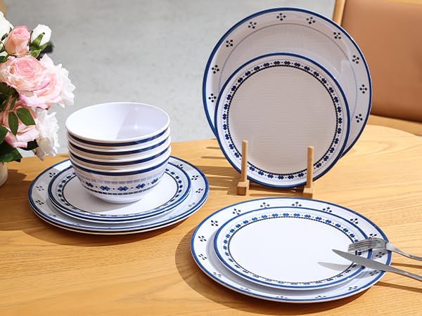 Melamine Dinnerware Set 12pcs Plates and Bowls Set Blue Dinner Dishes Set for Indoor and Outdoor BPA-Free Dishwasher Safe Blue