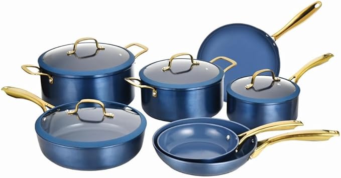 Alpine Cuisine 14-Piece Forged Aluminum Cookware Set with Stainless Steel Handles Induction-Ready Pots &amp Pans Glass Lids with Silicone Rim Blue