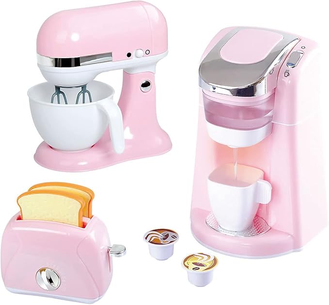 Battery Operated Gourmet Kitchen APPLIANCES (Child Size) has Pink &amp White Coffee Maker w Coffee PODS Mix Master and Blender