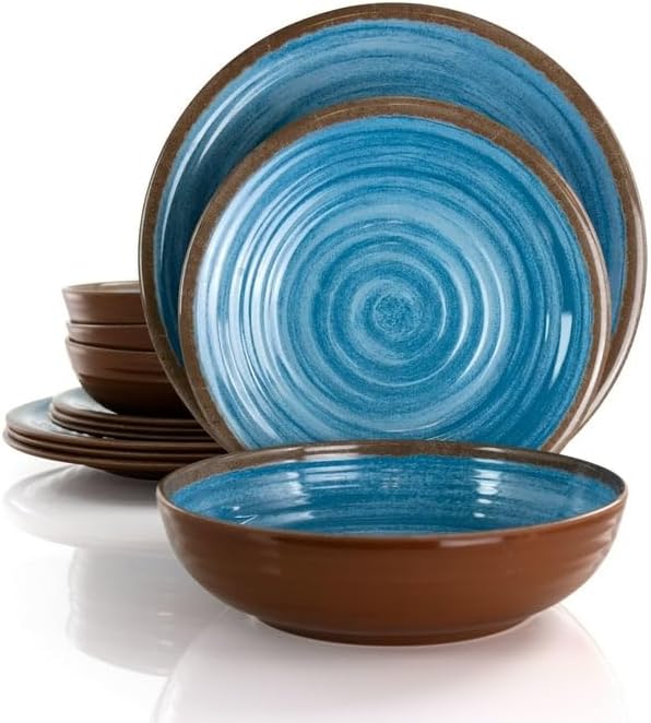 12 Piece Lightweight Melamine Dinnerware Set – Shatter-Resistant Dish Set for 4 with Plates and Bowls – Outdoor &amp Indoor Unbreakable Dinnerware (Blue)