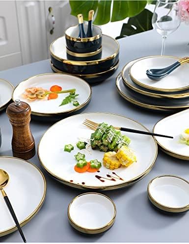 Ceramics Dinnerware Sets with Golden Rim Blue Porcelain Bowls and Plates Sets Round 26 Pieces Stoneware Dishes Set for 6 Ceramic Dinner Sets for Parties Wedding Housew